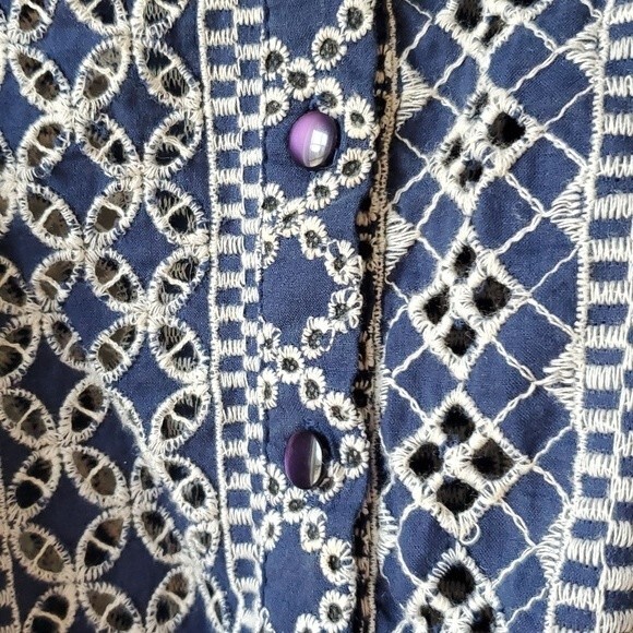 Chloe Laetitia Collection Paris Cotton Eyelet Dress Blue Cream Small MEDIUM - Picture 4 of 10